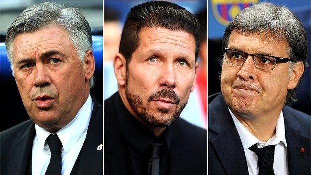 Real Madrid manager Carlo Ancelotti, Atletico Madrid manager Diego Simeone and Barcelona manager Gerardo Martino