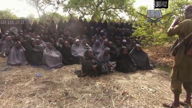 In this photo taken from video by Nigeria's Boko Haram group released on Monday 12 May 2014 shows the alleged missing girls abducted from the north-eastern town of Chibok