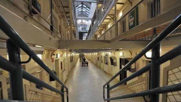 A cell block at Wormwood Scrubs, a Category B prison in London.