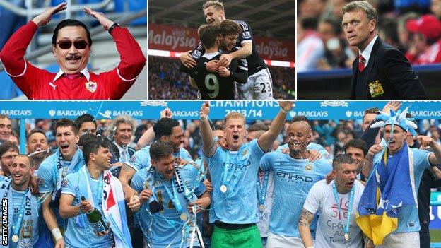 Cardiff owner Vincent Tan (top left), Luke Shaw, David Moyes and Manchester City players celebrate wining the Premier League title