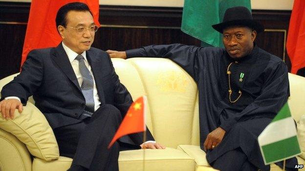 Nigerian President Goodluck Jonathan talks with Chinese Premier Li Keqiang in Abuja - 7 May 2014