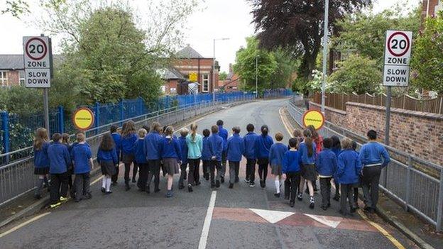 Children walking along road