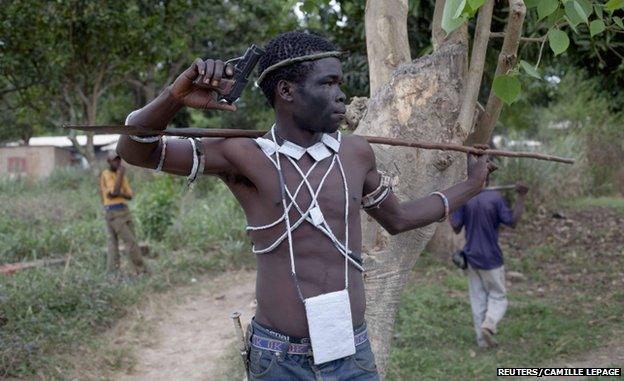 An anti-balaka Christian militiaman on patrol in an area of Bangui in February