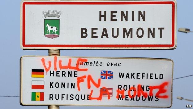 Henin_Beaumont road sign with a graffiti reading: Shame on FN town