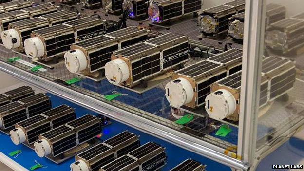 Dove cubesats on shelves