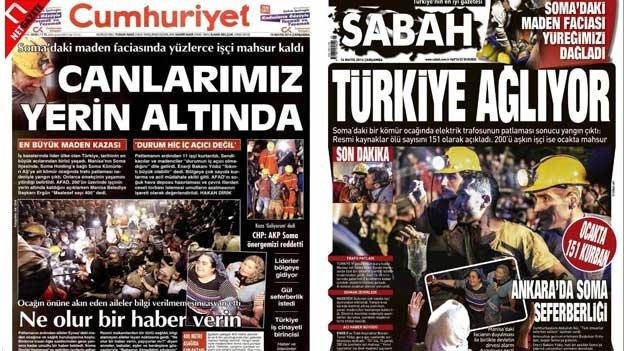 Front pages of Cumhuriyet and Sabah