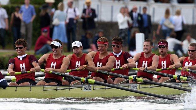 Harvard crew compete in a regatta in 2008.