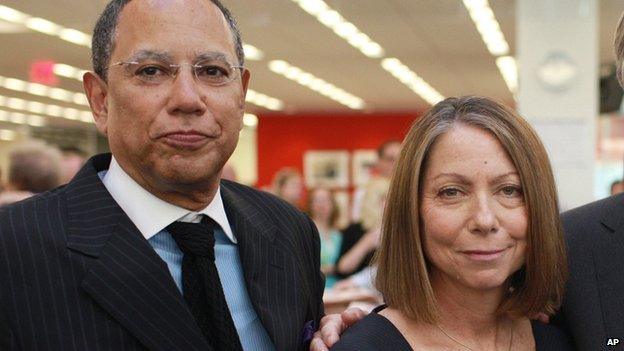 Jill Abramson and Dean Baquet stand in the New York Times newsroom in June 2011.