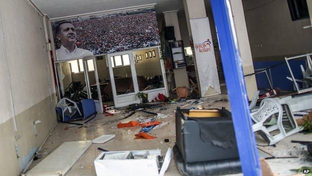 Damaged local office of Erdogan's Justice and Development Party in Soma, Turkey, on 14 May 2014