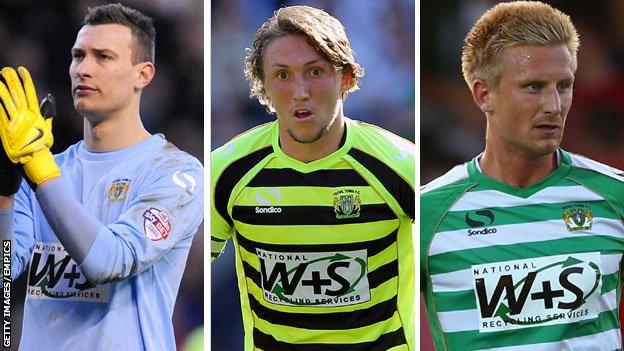 Yeovil's Marek Stech, Luke Ayling and Byron Webster