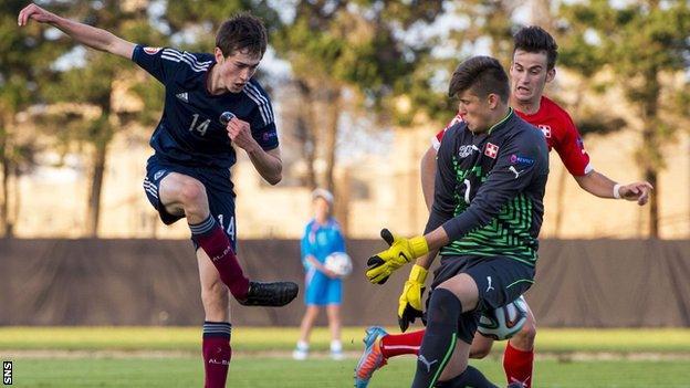 Scotland Under-17s player Ryan Hardie scores against Switzerland