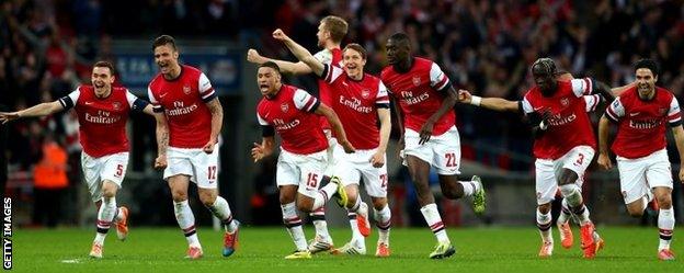 Arsenal celebrate beating Wigan in the FA Cup semi-finals