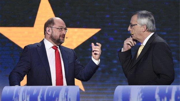 Rivals Martin Schulz (left) and Jean-Claude Juncker, 15 May 14