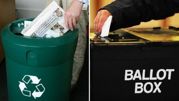 Recycling bin and ballot box composite picture