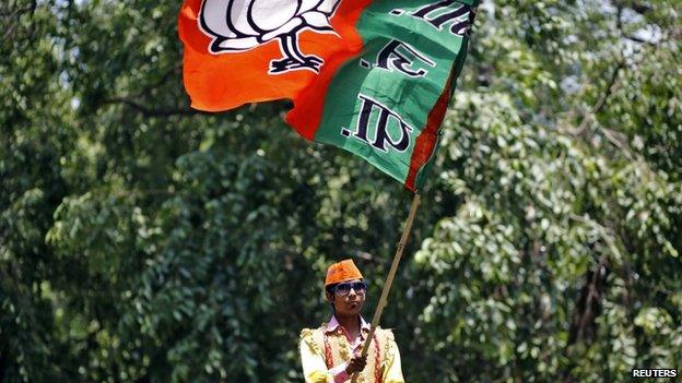 A supporter of the BJP waves the party flag during celebrations after learning of initial poll results outside the party headquarters in New Delhi May 16, 2014.