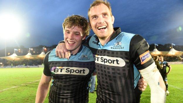 Glasgow Warriors' Jonny Gray and Al Kellock celebrate