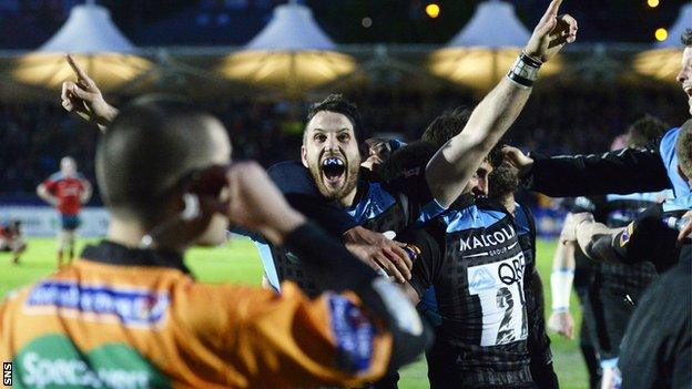 Tommy Seymour celebrates for Glasgow Warriors