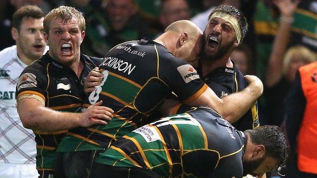 Northampton celebrate Tom Wood's late try