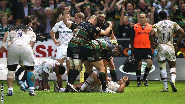 Northampton celebrate Tom Wood's late try