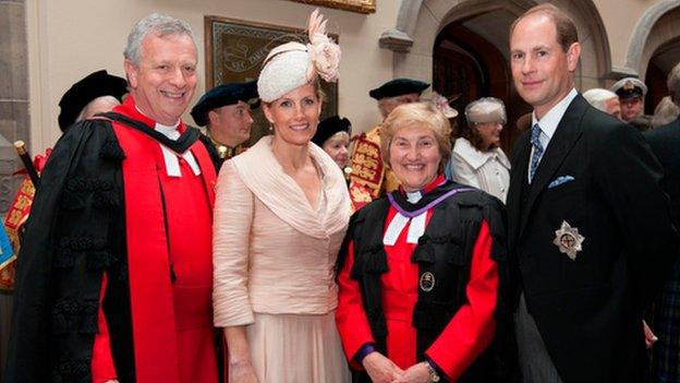 The new moderator of the General Assembly, the Right Reverend John Chalmers with the Countess of Wessex, the outgoing moderator Lorna Hood and Prince Edward