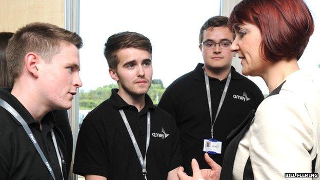 Minister Angela Constance mets a group of Scottish apprentices from services firm Amey