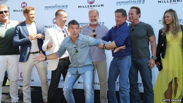 Dolph Lundgren, Kellan Lutz, Glen Powell, Antonio Banderas, Kelsey Grammer, Sylvester Stallone, Arnold Schwarzenegger and Ronda Rousey