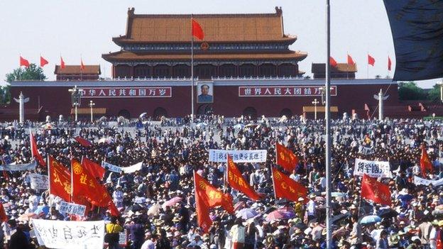 Pro democracy supporters gathered in Tiananmen Square in May 1989