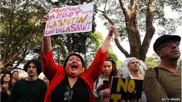 A woman shouts in support during the "March in May" protest at Belmore Park on 18 May in Sydney, Australia.