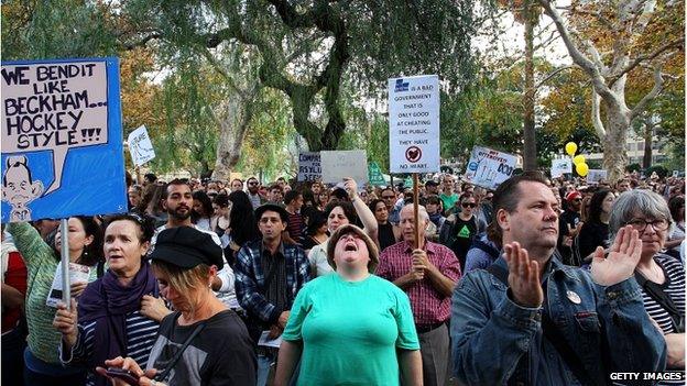 A woman shouts in support during the "March in May" protest at Belmore Park on 18 May