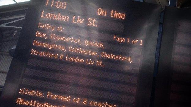 A departure board at Norwich Station