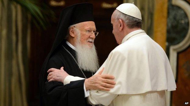 Pope Francis meets Patriarch Bartholomew I of Constantinople at the Vatican (20 March 2013)