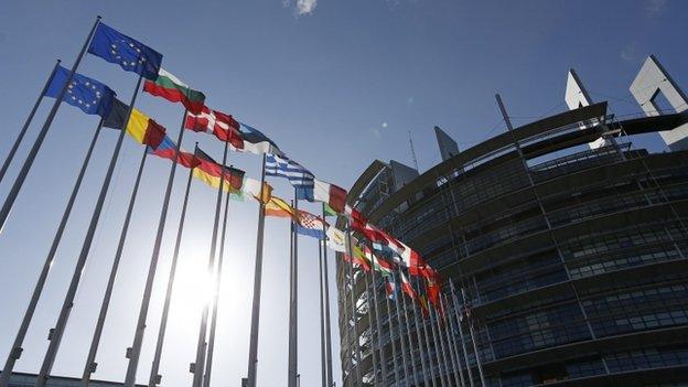 Flags outside European Parliament building in Strasbourg