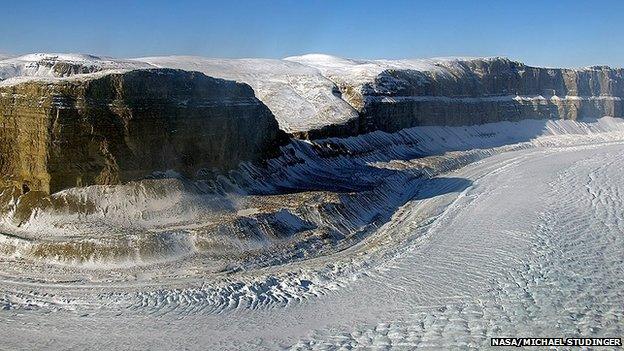 Steensby Glacier flows around a sharp bend in a deep canyon