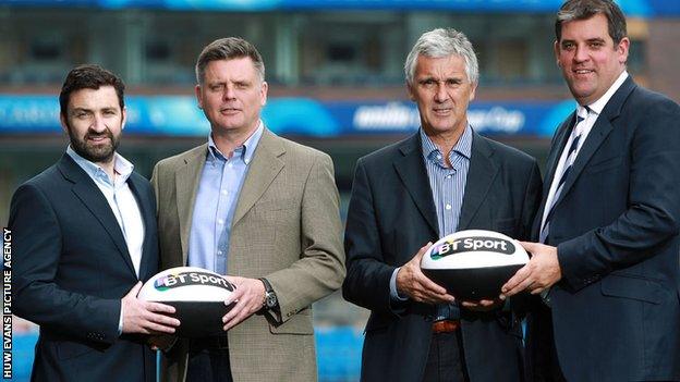 The chief executives of the four Welsh rugby regions at the launch of their sponsorship by BT Sport - left to right Andrew Hore (Ospreys), Mark Davies (Scarlets), Gareth Davies (Newport Gwent Dragons) and Richard Holland (Cardiff Blues)