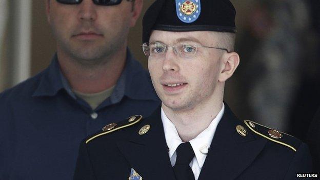 US Army Private First Class Bradley Manning (C) departs the courthouse at Fort Meade, Maryland in this file photo 30 July 2013