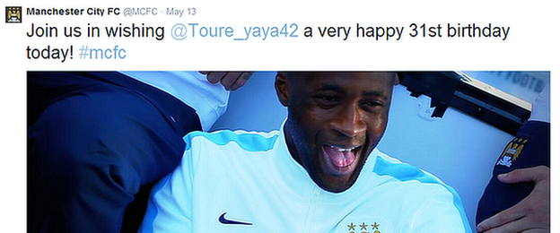 Manchester City use their official Twitter account to congratulate Yaya Toure