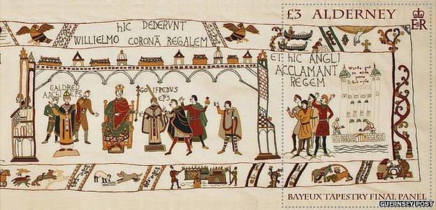 Stamp showing final panel of Bayeux Tapestry created in Alderney