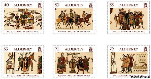 Stamps showing parts of final panel of Bayeux Tapestry created in Alderney