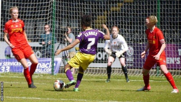 Notts County's Jess Clarke shoots for a goal during the 0-0 draw with Liverpool