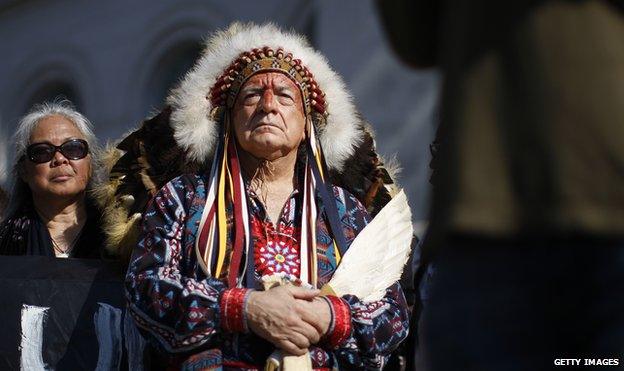 Chief Phil Lane of the Yankton Dakota and Chickasaw First Nations awaits his introduction to speak at a climate rally in Los Angeles