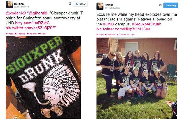 A composite image showing two of the early tweets on the #siouxperdrunk hashtag. They show students at the University of North Dakota wearing T-shirts deemed offensive by Native Americans