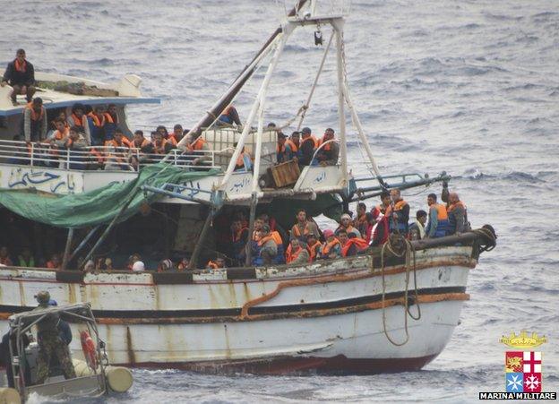 Italian sailors approach a boat carrying migrants off Sicily, 20 May