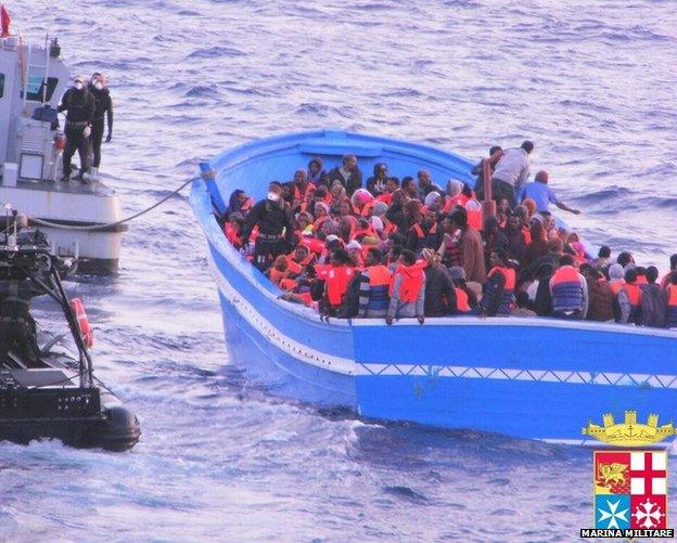 Italian sailors approach a boat carrying migrants off Lampedusa, 20 May