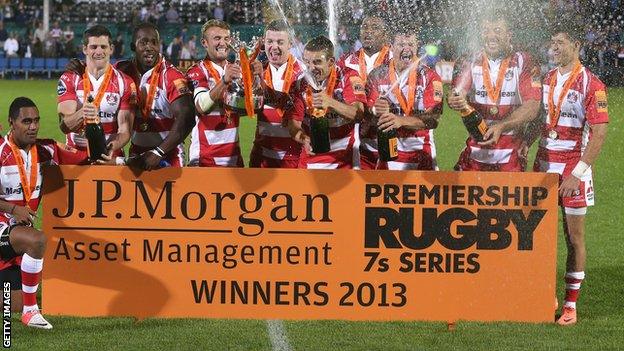 2013 Premiership Rugby Sevens champions Gloucester celebrate