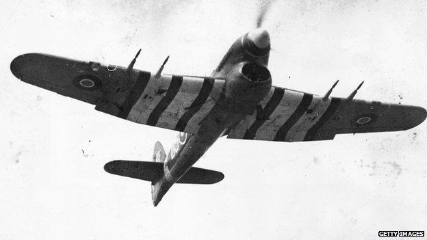 A Hawker Typhoon fighter plane in flight, 1943