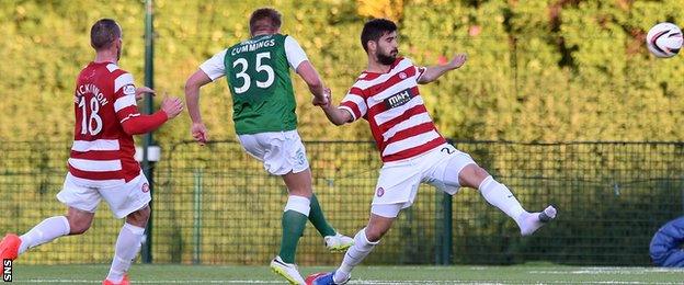 Jason Cummings scores for Hibernian against Hamilton