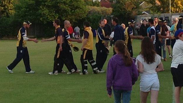 Jonathan Trott congratulates Shropshire's players after the match