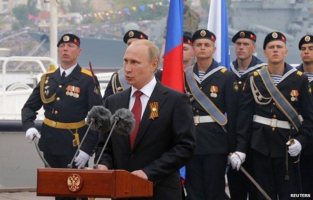 Russian President Vladimir Putin delivers a speech during events marking Victory Day in Sevastopol May 9, 2014.