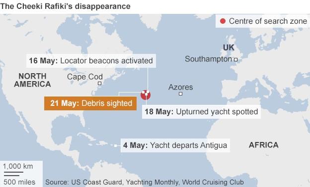 Map showing the search for the missing yacht