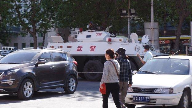 An armoured personnel carrier in Urumqi in an image taken several days before the attack